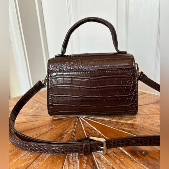 Used Zara Small Elegant Chocolate Brown Crocodile-Embossed Faux Leather Handbag - Picture 14 of 15